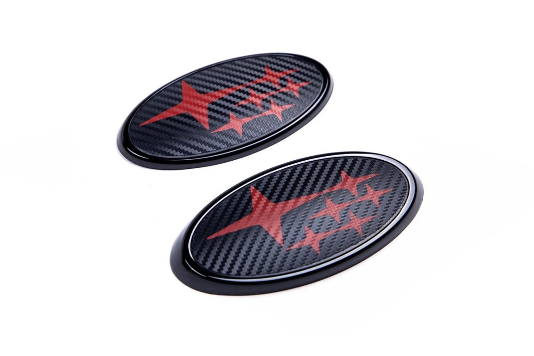Molded Innovations Front And Rear Subaru Emblem Kit Carbon Fiber Overlay w/ Star Logo 2015-2021 WRX / 2015-2021 STI - MI15-FRCBN-BK/RD - Subimods.com