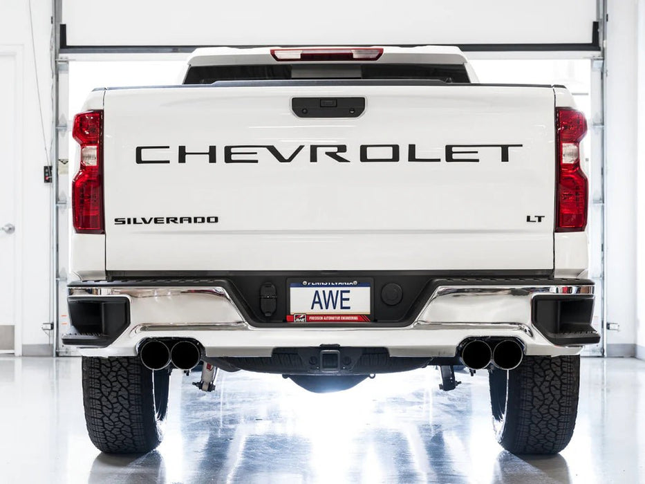 AWE 0FG Catback Split Rear Exit Exhaust (With Bumper Cutouts) w/ Diamond Black Tips 2019 - 2025 Chevrolet Silverado 1500 / 2019 - 2025 GMC Sierra 1500 - 3015 - 43204 - Subimods.com