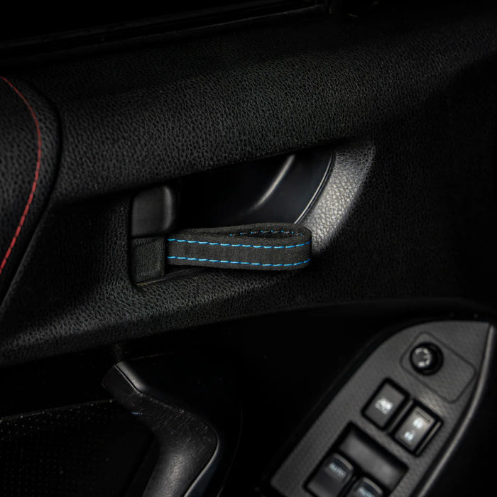 Billetworkz Alcantara Door Pull Strap Kit Pair Black w/ Hyper Blue Stitching 2008 - 2021 WRX / 2008 - 2021 STI / 2013 - 2021 BRZ / 2013 - 2017 Crosstrek / 2014 - 2018 Forester / 2012 - 2018 Impreza - BW - DPSK - SUB - GRVA - BLK - HYBL - 1 - Subimods.com