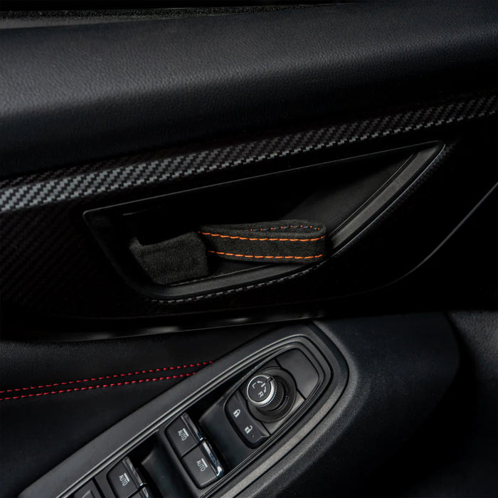 Billetworkz Alcantara Door Pull Strap Kit Pair Black w/ Orange Stitching 2008 - 2021 WRX / 2008 - 2021 STI / 2013 - 2021 BRZ / 2013 - 2017 Crosstrek / 2014 - 2018 Forester / 2012 - 2018 Impreza - BW-DPSK-SUB-GRVA-BLK-ORG-1 - Subimods.com