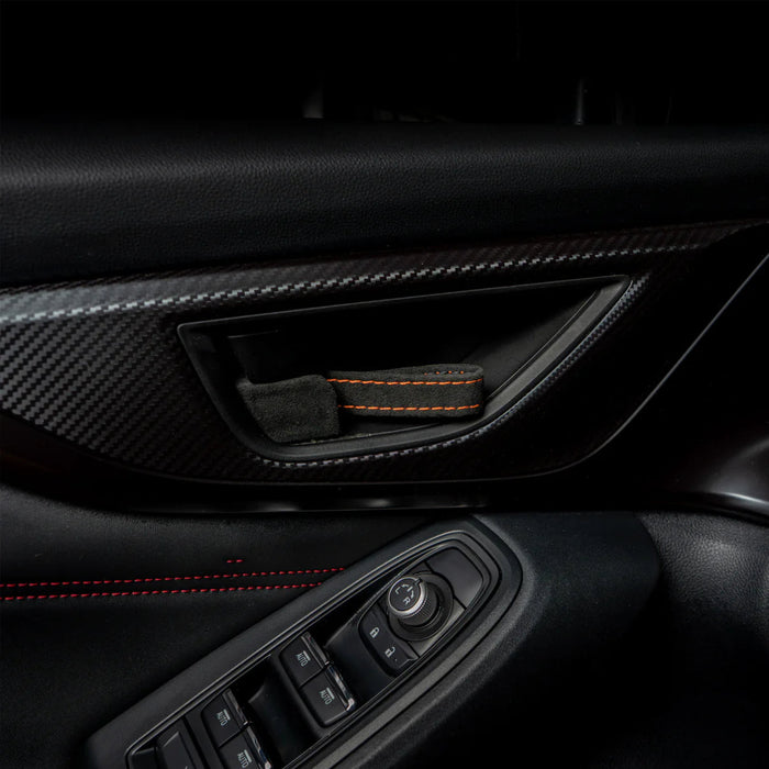 Billetworkz Alcantara Door Pull Strap Kit Pair Black w/ Orange Stitching 2022 - 2025 WRX / 2022 - 2025 BRZ / 2022 - 2025 GR86 / 2018 - 2025 Crosstrek / 2020 - 2025 Outback / 2020 - 2025 Legacy - BW-DPSK-SUB-VB-BLK-ORG-1 - Subimods.com