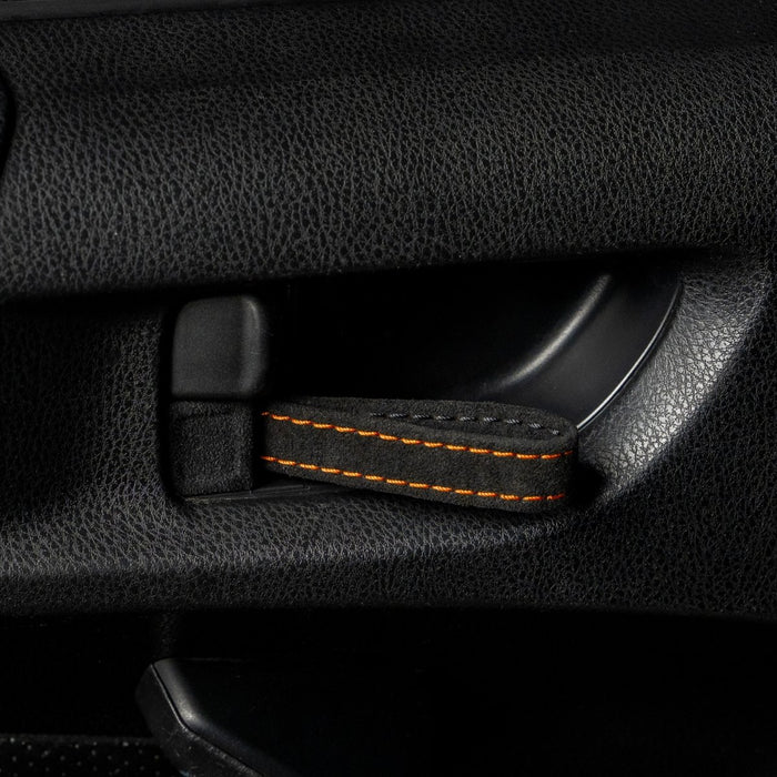 Billetworkz Alcantara Door Pull Strap Kit Pair Black w/ Orange Stitching 2022 - 2025 WRX / 2022 - 2025 BRZ / 2022 - 2025 GR86 / 2018 - 2025 Crosstrek / 2020 - 2025 Outback / 2020 - 2025 Legacy - BW-DPSK-SUB-VB-BLK-ORG-1 - Subimods.com