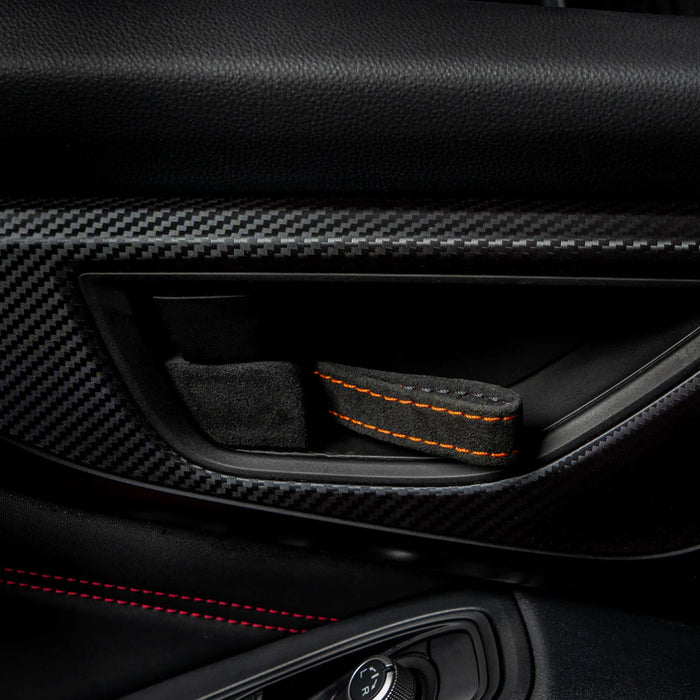 Billetworkz Alcantara Door Pull Strap Kit Pair Black w/ Orange Stitching 2022 - 2025 WRX / 2022 - 2025 BRZ / 2022 - 2025 GR86 / 2018 - 2025 Crosstrek / 2020 - 2025 Outback / 2020 - 2025 Legacy - BW-DPSK-SUB-VB-BLK-ORG-1 - Subimods.com