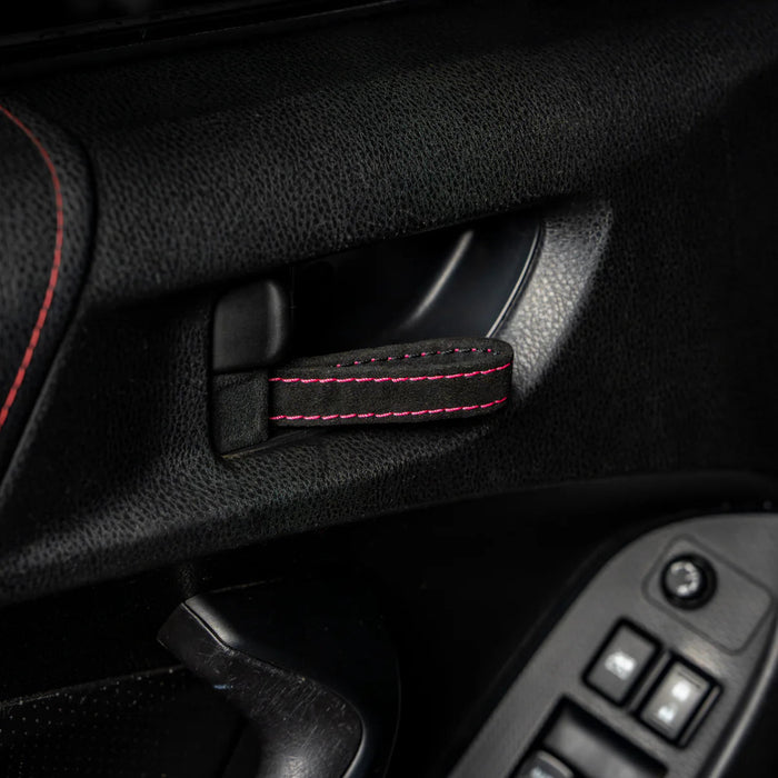 Billetworkz Alcantara Door Pull Strap Kit Pair Black w/ Pink Stitching 2008 - 2021 WRX / 2008 - 2021 STI / 2013 - 2021 BRZ / 2013 - 2017 Crosstrek / 2014 - 2018 Forester / 2012 - 2018 Impreza - BW - DPSK - SUB - GRVA - BLK - PNK - 1 - Subimods.com