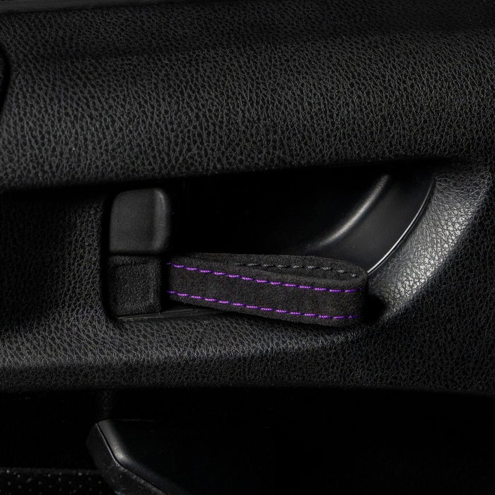 Billetworkz Alcantara Door Pull Strap Kit Pair Black w/ Purple Stitching 2008 - 2021 WRX / 2008 - 2021 STI / 2013 - 2021 BRZ / 2013 - 2017 Crosstrek / 2014 - 2018 Forester / 2012 - 2018 Impreza - BW-DPSK-SUB-GRVA-BLK-PRP-1 - Subimods.com