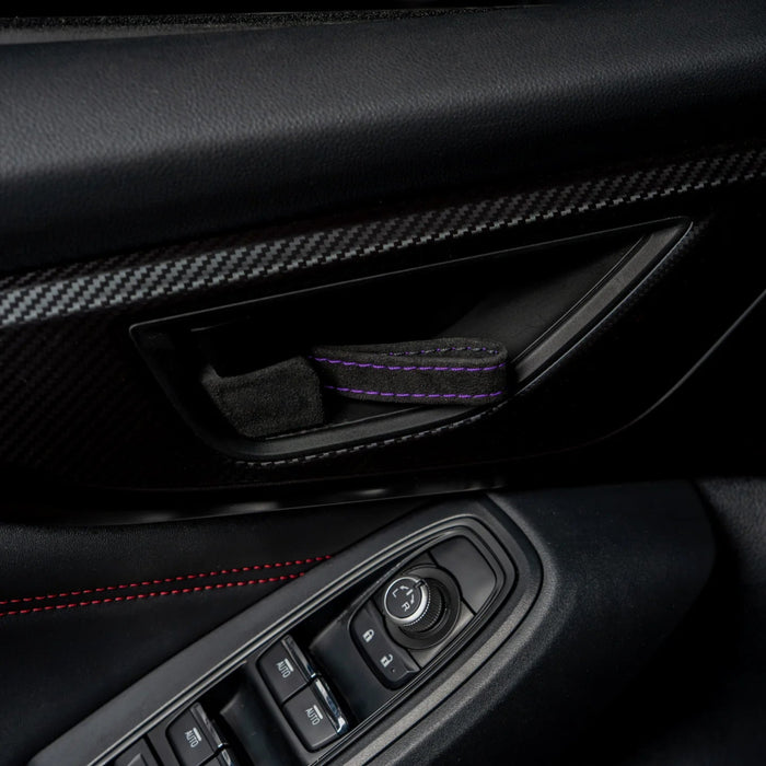 Billetworkz Alcantara Door Pull Strap Kit Pair Black w/ Purple Stitching 2008 - 2021 WRX / 2008 - 2021 STI / 2013 - 2021 BRZ / 2013 - 2017 Crosstrek / 2014 - 2018 Forester / 2012 - 2018 Impreza - BW-DPSK-SUB-GRVA-BLK-PRP-1 - Subimods.com