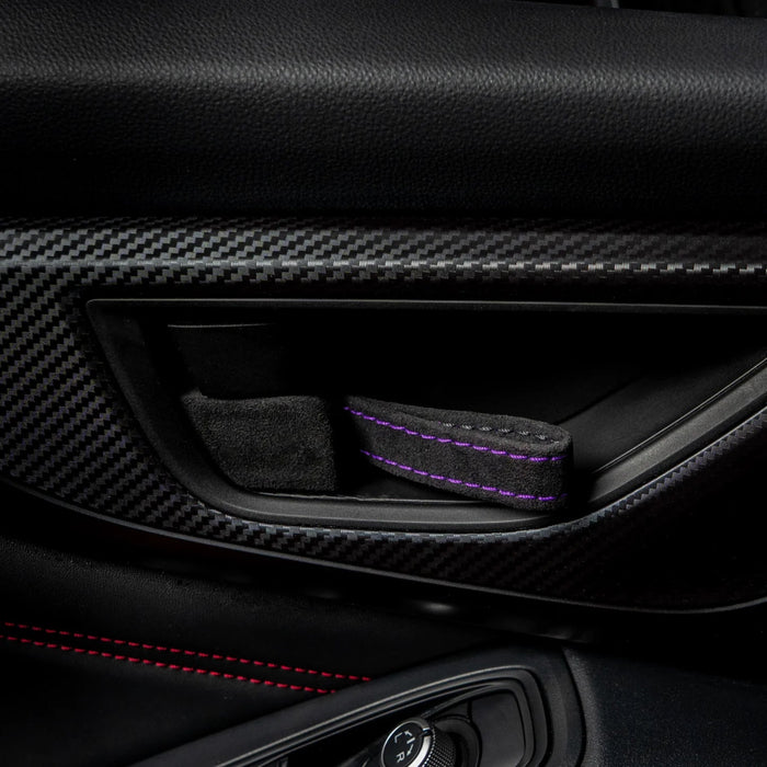 Billetworkz Alcantara Door Pull Strap Kit Pair Black w/ Purple Stitching 2008 - 2021 WRX / 2008 - 2021 STI / 2013 - 2021 BRZ / 2013 - 2017 Crosstrek / 2014 - 2018 Forester / 2012 - 2018 Impreza - BW-DPSK-SUB-GRVA-BLK-PRP-1 - Subimods.com