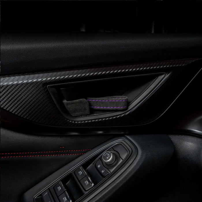Billetworkz Alcantara Door Pull Strap Kit Pair Black w/ Purple Stitching 2022 - 2025 WRX / 2022 - 2025 BRZ / 2022 - 2025 GR86 / 2018 - 2025 Crosstrek / 2020 - 2025 Outback / 2020 - 2025 Legacy - BW-DPSK-SUB-VB-BLK-PRP-1 - Subimods.com