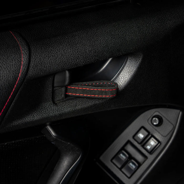 Billetworkz Alcantara Door Pull Strap Kit Pair Black w/ Red Stitching 2008 - 2021 WRX / 2008 - 2021 STI / 2013 - 2021 BRZ / 2013 - 2017 Crosstrek / 2014 - 2018 Forester / 2012 - 2018 Impreza - BW - DPSK - SUB - GRVA - BLK - RED - 1 - Subimods.com