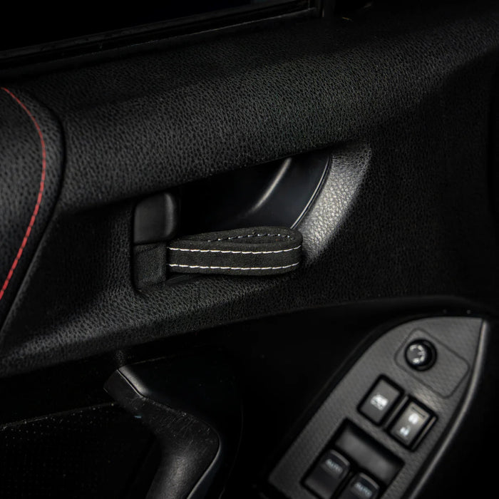 Billetworkz Alcantara Door Pull Strap Kit Pair Black w/ White Stitching 2008 - 2021 WRX / 2008 - 2021 STI / 2013 - 2021 BRZ / 2013 - 2017 Crosstrek / 2014 - 2018 Forester / 2012 - 2018 Impreza - BW - DPSK - SUB - GRVA - BLK - WHT - 1 - Subimods.com