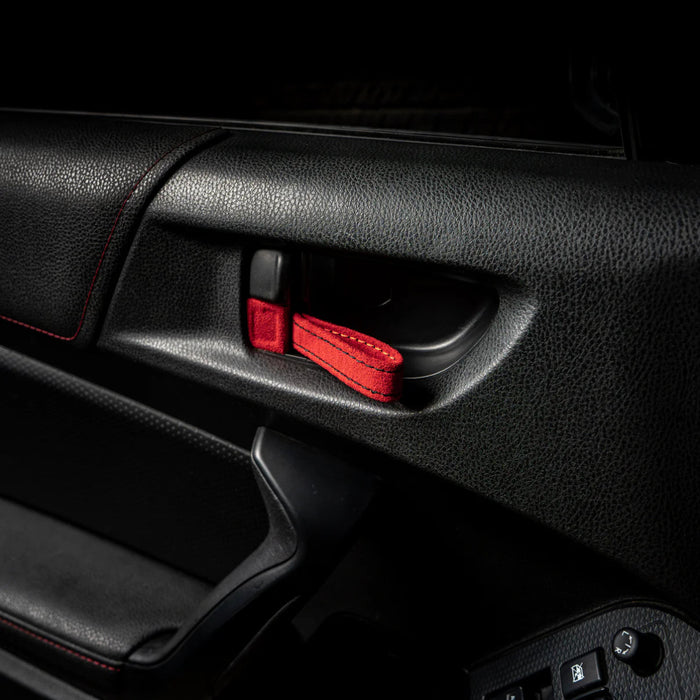 Billetworkz Alcantara Door Pull Strap Kit Pair Red w/ Black Stitching 2008 - 2021 WRX / 2008 - 2021 STI / 2013 - 2021 BRZ / 2013 - 2017 Crosstrek / 2014 - 2018 Forester / 2012 - 2018 Impreza - BW - DPSK - SUB - GRVA - RED - BLK - 1 - Subimods.com