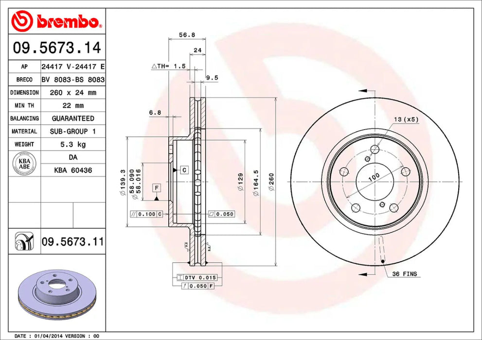 Brembo Prime Blank Front Brake Rotor 1993 - 2001 Impreza - 09.5673.11 - Subimods.com