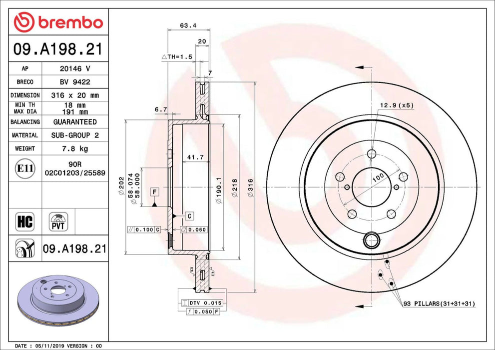 Brembo Prime High Carbon Cast Iron Blank Rear Rotor 2017 - 2020 BRZ - 09.A198.21 - Subimods.com