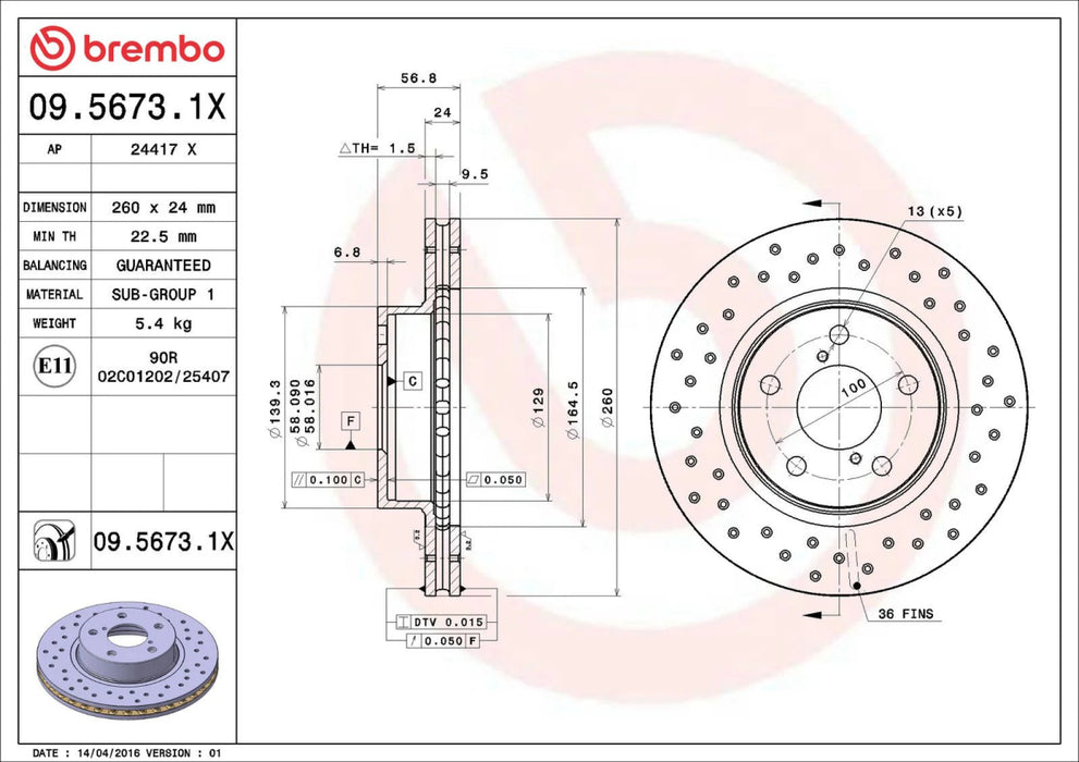 Brembo XTRA Drilled Front Brake Rotor 1993 - 2001 Impreza - 09.5673.1X - Subimods.com