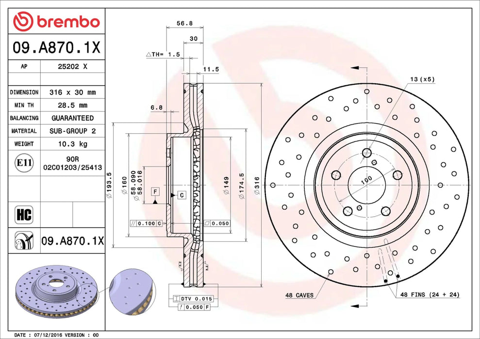 Brembo XTRA Drilled Front Brake Rotor 2014 - 2018 Forester / 2011 - 2014 Legacy / 2011 - 2014 Outback - 09.A870.1X - Subimods.com