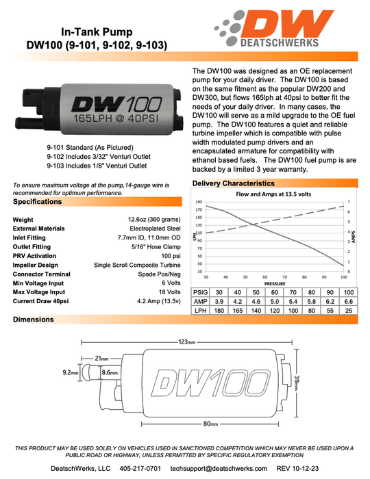 Deatschwerks DW100 Series 165LPH Fuel Pump w/ Install Kit 1993 - 2007 Impreza / 1990 - 1999 Legacy - 9-101-0791 - Subimods.com
