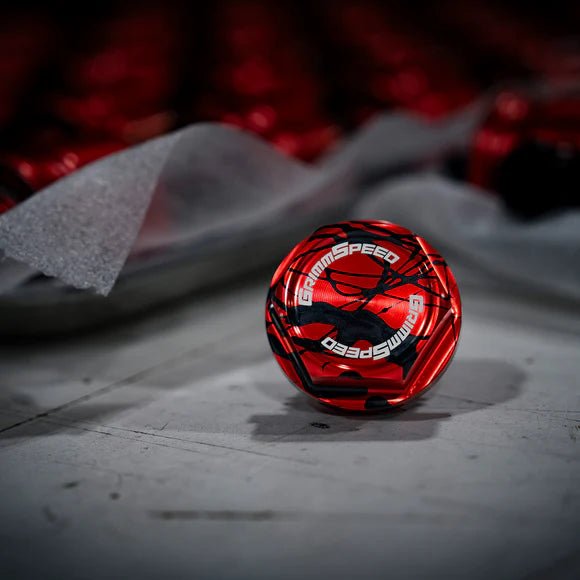 GrimmSpeed Bolt Style Red w/ Black Splatter Oil Cap Most Subaru Models - 120014RDBLK - Subimods.com