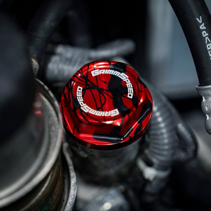 GrimmSpeed Bolt Style Red w/ Black Splatter Oil Cap Most Subaru Models - 120014RDBLK - Subimods.com