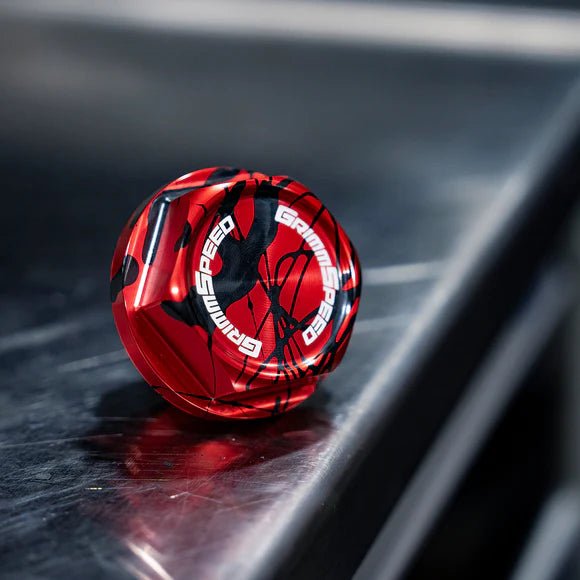 GrimmSpeed Bolt Style Red w/ Black Splatter Oil Cap Most Subaru Models - 120014RDBLK - Subimods.com