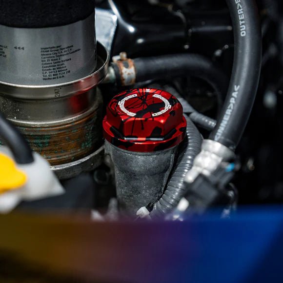 GrimmSpeed Bolt Style Red w/ Black Splatter Oil Cap Most Subaru Models - 120014RDBLK - Subimods.com