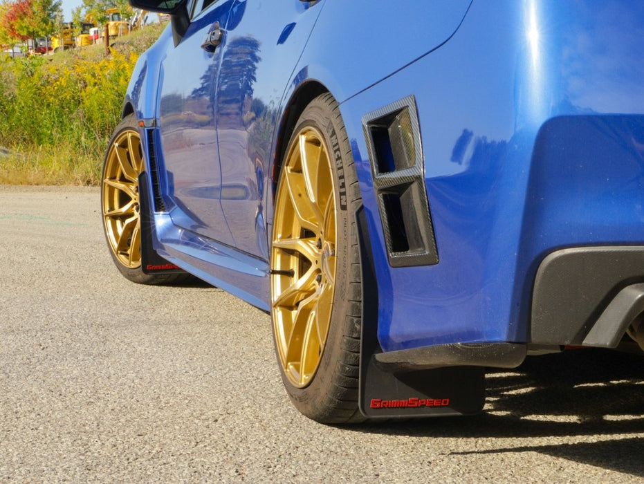 GrimmSpeed Mudflaps Black Urethane w/ Red Lettering 2015 - 2021 WRX / 2015 - 2021 STI - GRM.1021.1.RED - Subimods.com