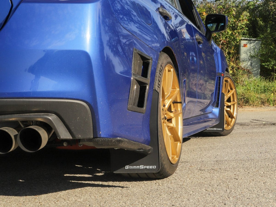 GrimmSpeed Mudflaps Black Urethane w/ White Lettering 2015 - 2021 WRX / 2015 - 2021 STI - GRM.1021.1.WHT - Subimods.com