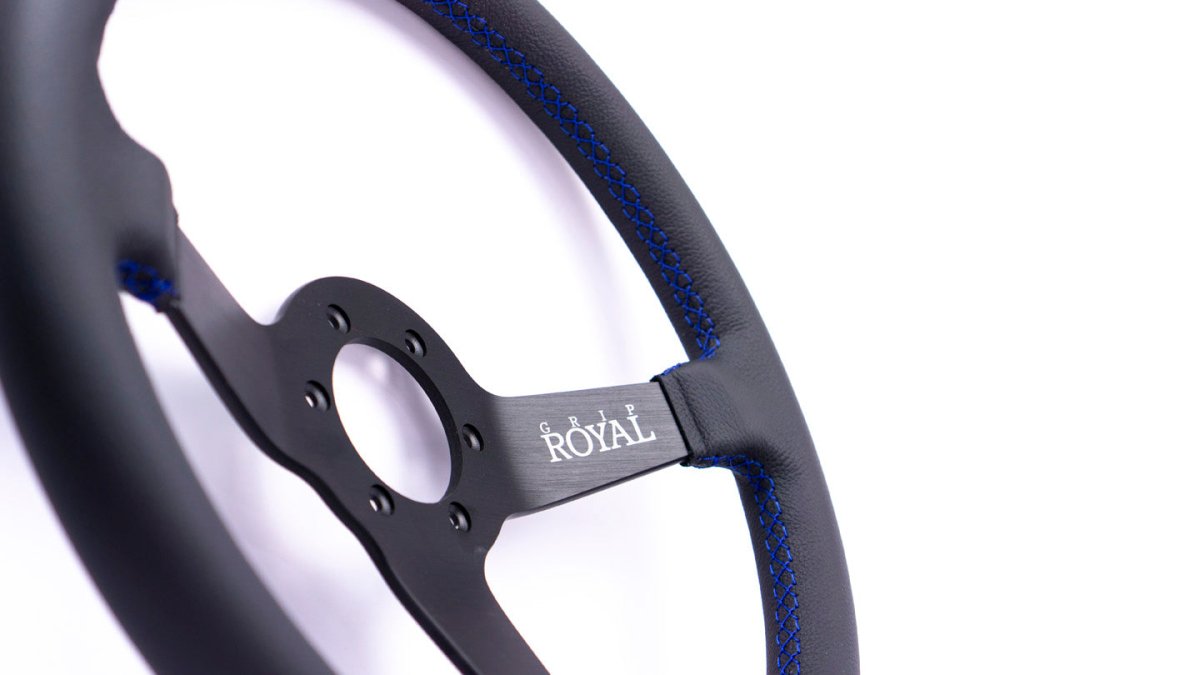 Grip Royal Brute 350mm Deep Dish Steering Wheel w/ Black Leather Grip and Blue Stitching - GRSW - BRT - L - BKBL - Subimods.com