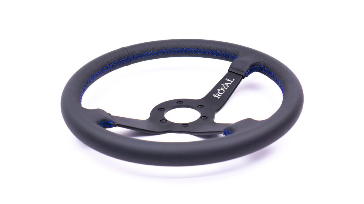 Grip Royal Brute 350mm Deep Dish Steering Wheel w/ Black Leather Grip and Blue Stitching - GRSW - BRT - L - BKBL - Subimods.com