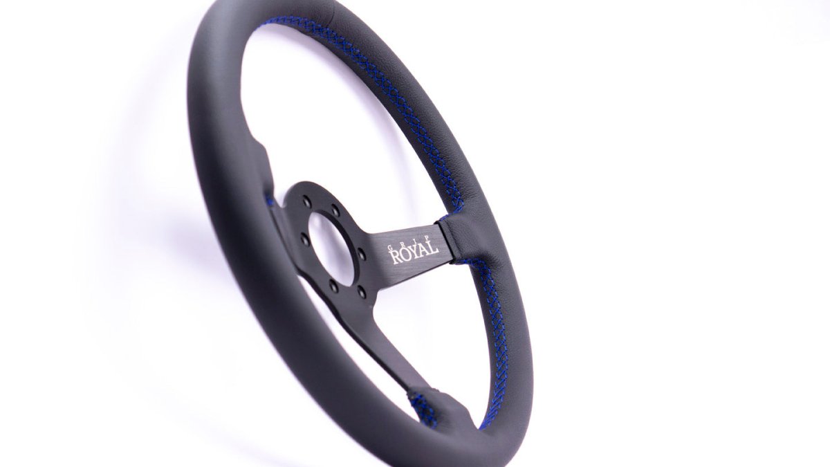 Grip Royal Brute 350mm Deep Dish Steering Wheel w/ Black Leather Grip and Blue Stitching - GRSW - BRT - L - BKBL - Subimods.com