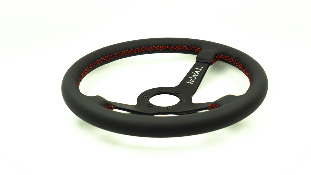 Grip Royal Brute 350mm Deep Dish Steering Wheel w/ Black Leather Grip, and Red Stitching - GRSW - BRT - L - BKRD - Subimods.com