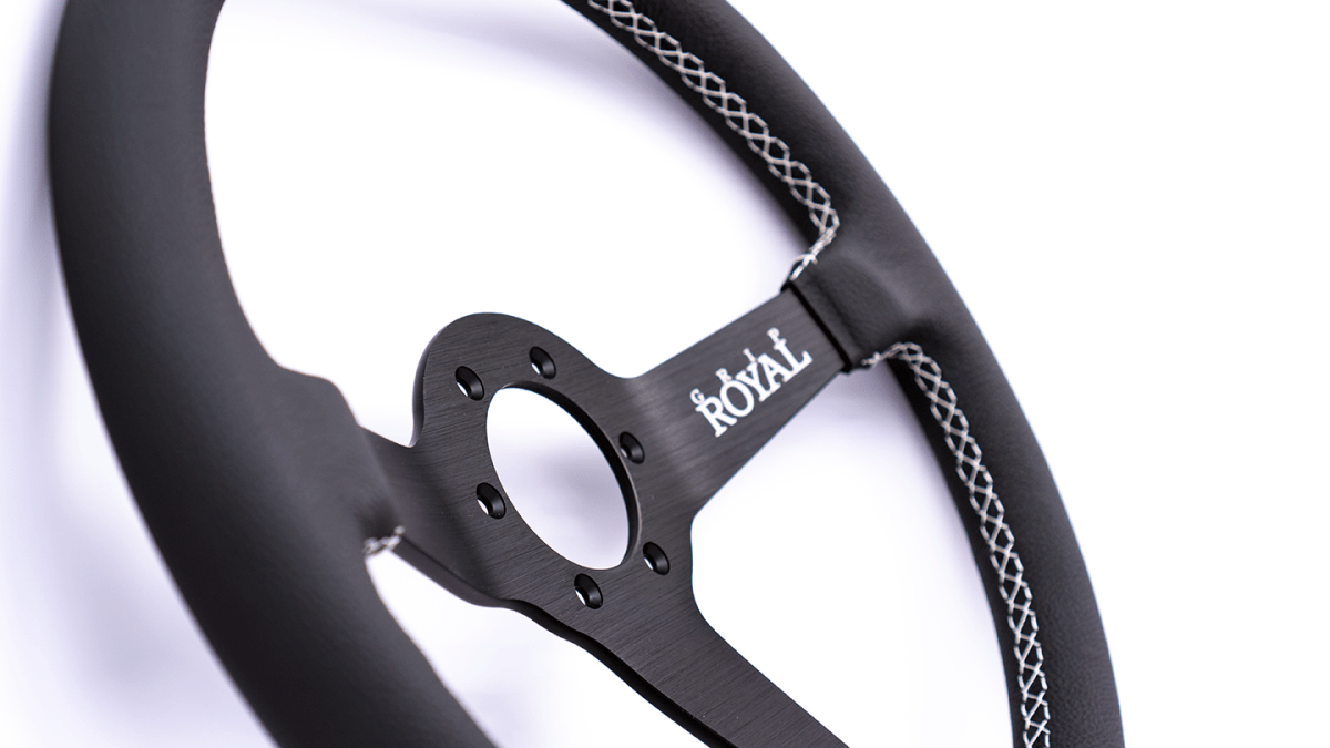 Grip Royal Brute 350mm Deep Dish Steering Wheel w/ Black Leather Grip, and White Stitching - GRSW - BRT - L - BKWH - Subimods.com