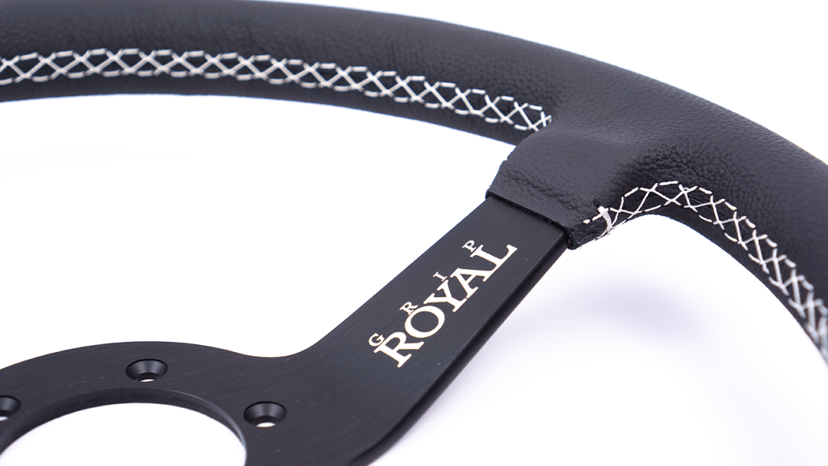 Grip Royal Brute 350mm Deep Dish Steering Wheel w/ Black Leather Grip, and White Stitching - GRSW - BRT - L - BKWH - Subimods.com