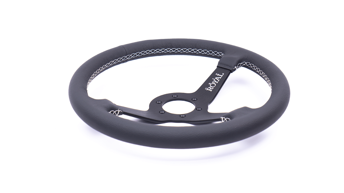 Grip Royal Brute 350mm Deep Dish Steering Wheel w/ Black Leather Grip, and White Stitching - GRSW - BRT - L - BKWH - Subimods.com