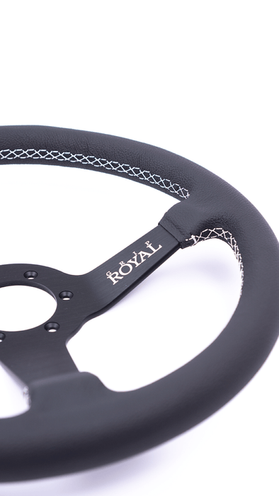 Grip Royal Brute 350mm Deep Dish Steering Wheel w/ Black Leather Grip, and White Stitching - GRSW - BRT - L - BKWH - Subimods.com