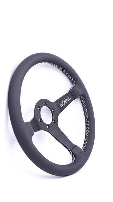 Grip Royal Brute 350mm Deep Dish Steering Wheel w/ Black Leather Grip, and White Stitching - GRSW - BRT - L - BKWH - Subimods.com
