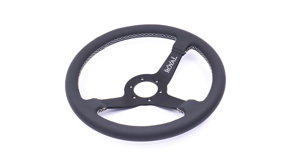 Grip Royal Brute 350mm Deep Dish Steering Wheel w/ Black Leather Grip, and White Stitching - GRSW - BRT - L - BKWH - Subimods.com