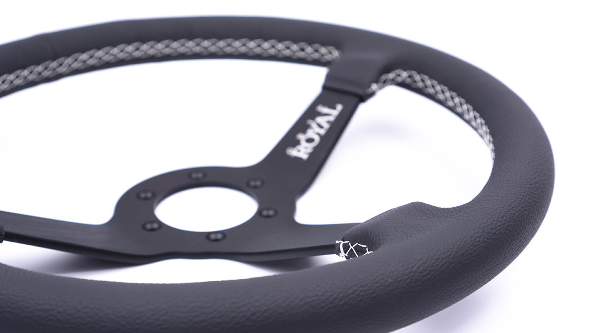Grip Royal Brute 350mm Deep Dish Steering Wheel w/ Black Leather Grip, and White Stitching - GRSW - BRT - L - BKWH - Subimods.com