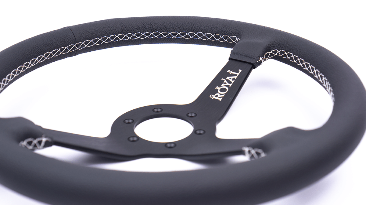 Grip Royal Brute 350mm Deep Dish Steering Wheel w/ Black Leather Grip, and White Stitching - GRSW - BRT - L - BKWH - Subimods.com