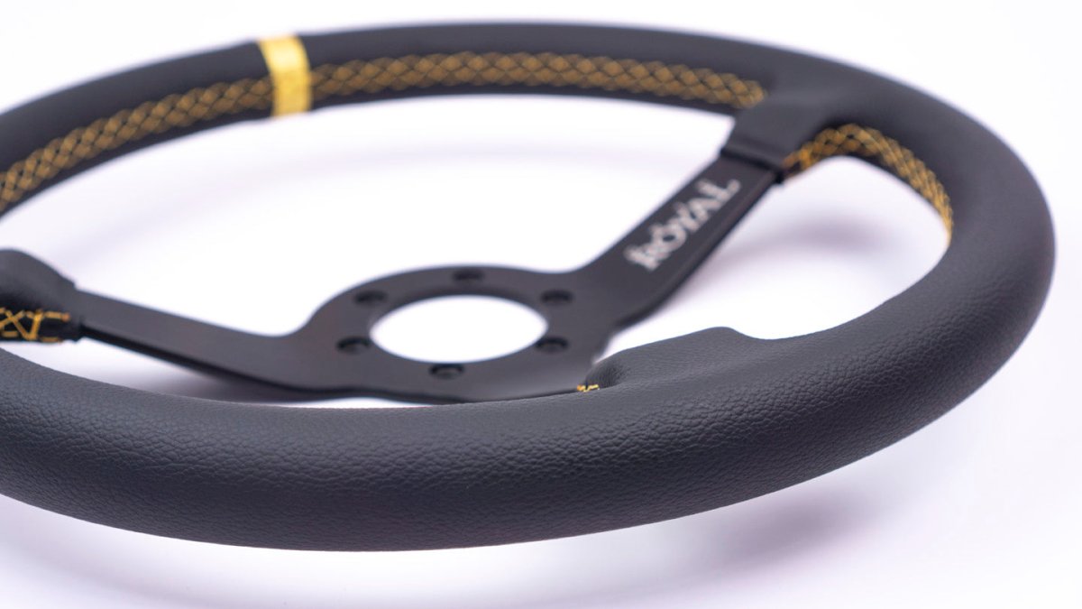 Grip Royal Brute 350mm Deep Dish Steering Wheel w/ Black Leather Grip, Gold Stitching, and Gold TDC Stripe - GRSW - BRT - L - BKGD - TDCGD - Subimods.com