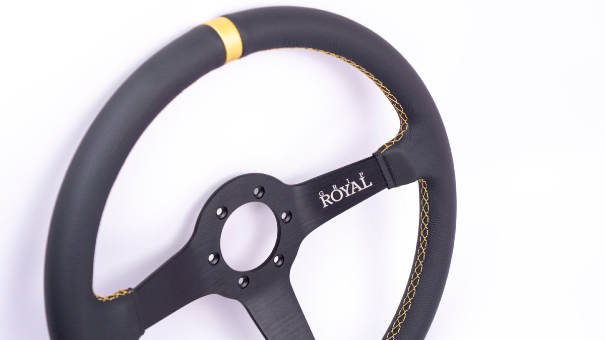 Grip Royal Brute 350mm Deep Dish Steering Wheel w/ Black Leather Grip, Gold Stitching, and Gold TDC Stripe - GRSW - BRT - L - BKGD - TDCGD - Subimods.com