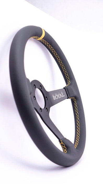 Grip Royal Brute 350mm Deep Dish Steering Wheel w/ Black Leather Grip, Gold Stitching, and Gold TDC Stripe - GRSW - BRT - L - BKGD - TDCGD - Subimods.com