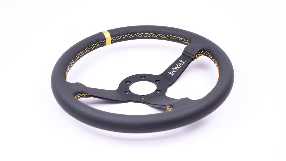 Grip Royal Brute 350mm Deep Dish Steering Wheel w/ Black Leather Grip, Gold Stitching, and Gold TDC Stripe - GRSW - BRT - L - BKGD - TDCGD - Subimods.com