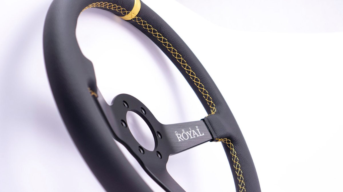 Grip Royal Brute 350mm Deep Dish Steering Wheel w/ Black Leather Grip, Gold Stitching, and Gold TDC Stripe - GRSW - BRT - L - BKGD - TDCGD - Subimods.com
