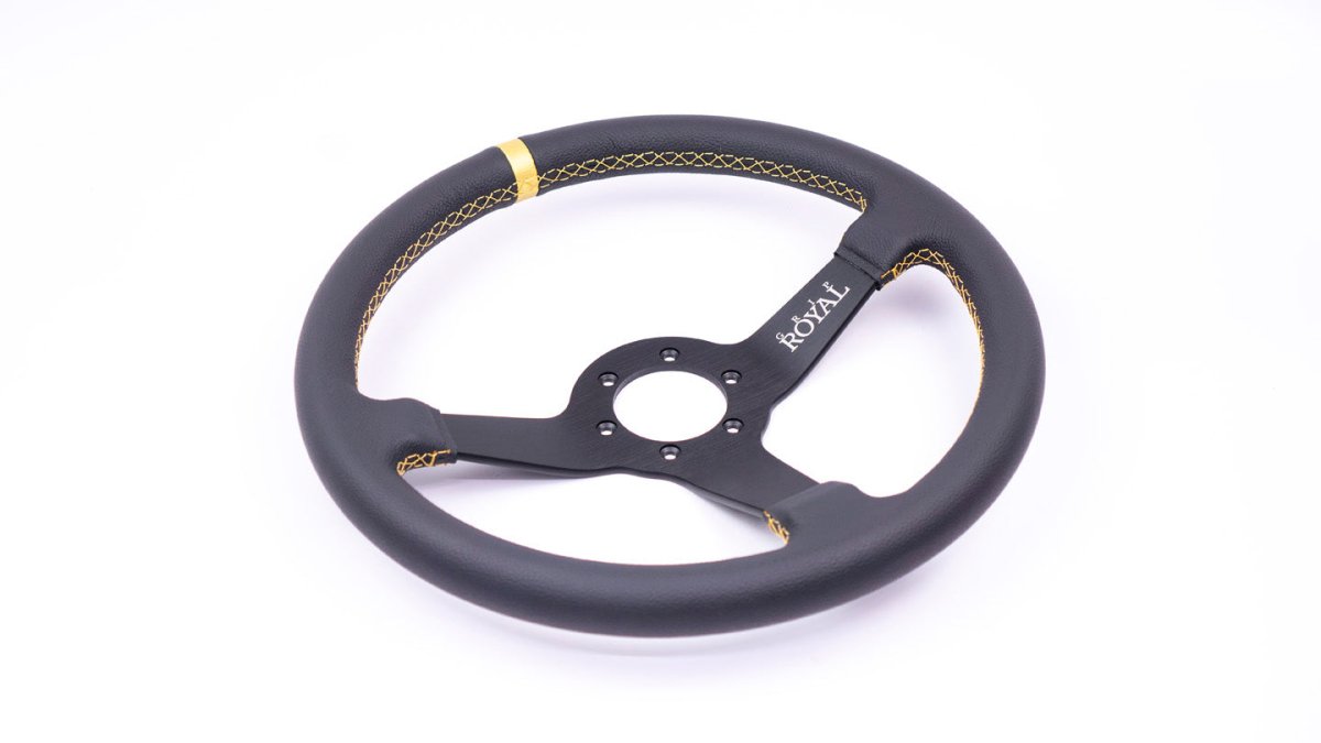 Grip Royal Brute 350mm Deep Dish Steering Wheel w/ Black Leather Grip, Gold Stitching, and Gold TDC Stripe - GRSW - BRT - L - BKGD - TDCGD - Subimods.com