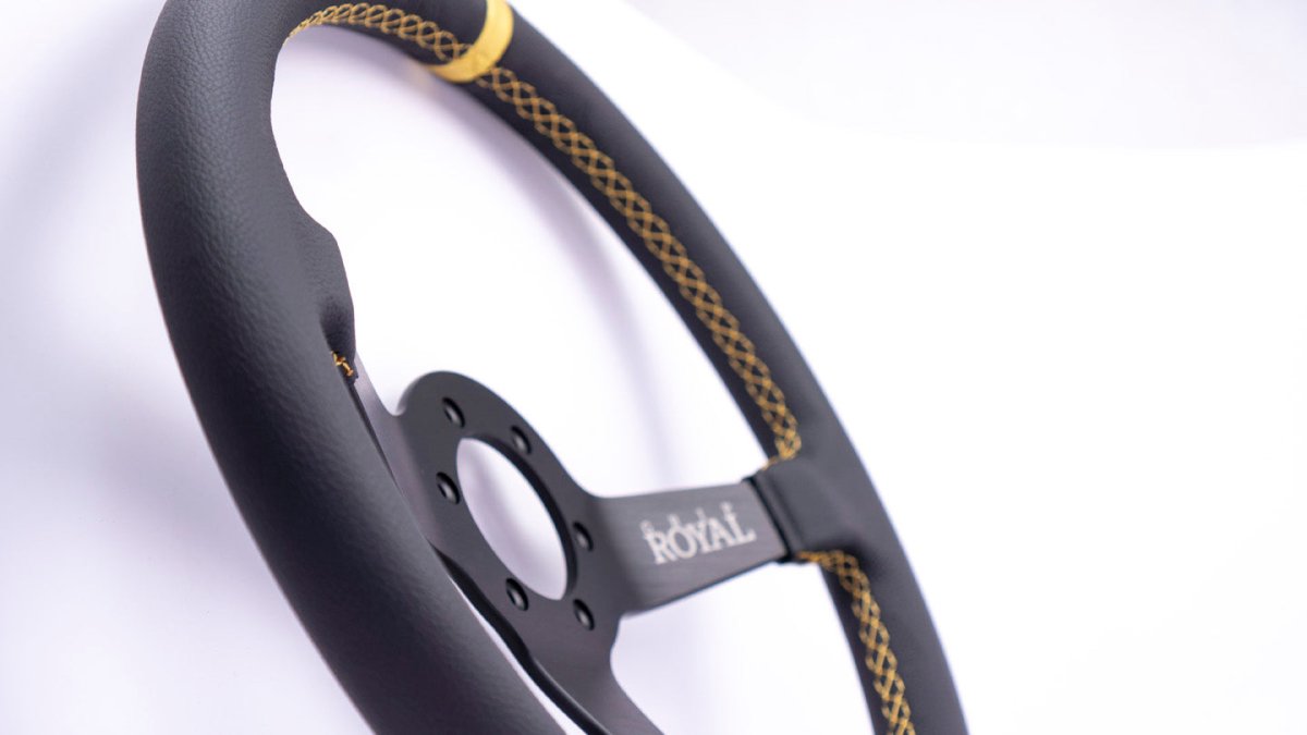 Grip Royal Brute 350mm Deep Dish Steering Wheel w/ Black Leather Grip, Gold Stitching, and Gold TDC Stripe - GRSW - BRT - L - BKGD - TDCGD - Subimods.com