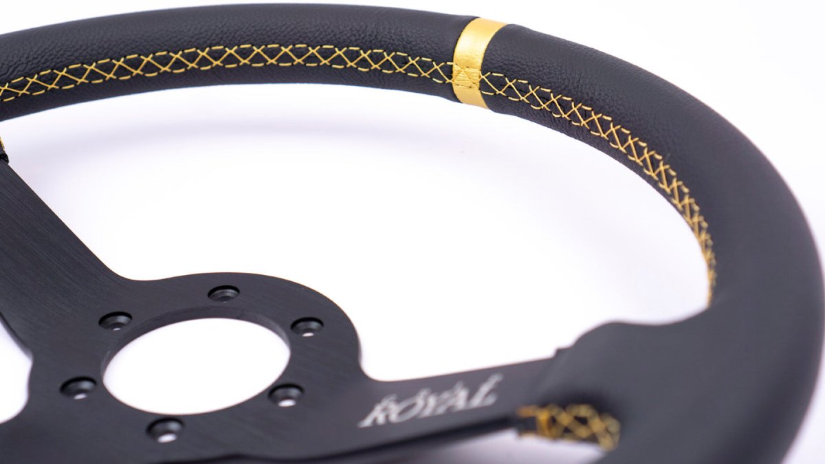 Grip Royal Brute 350mm Deep Dish Steering Wheel w/ Black Leather Grip, Gold Stitching, and Gold TDC Stripe - GRSW - BRT - L - BKGD - TDCGD - Subimods.com