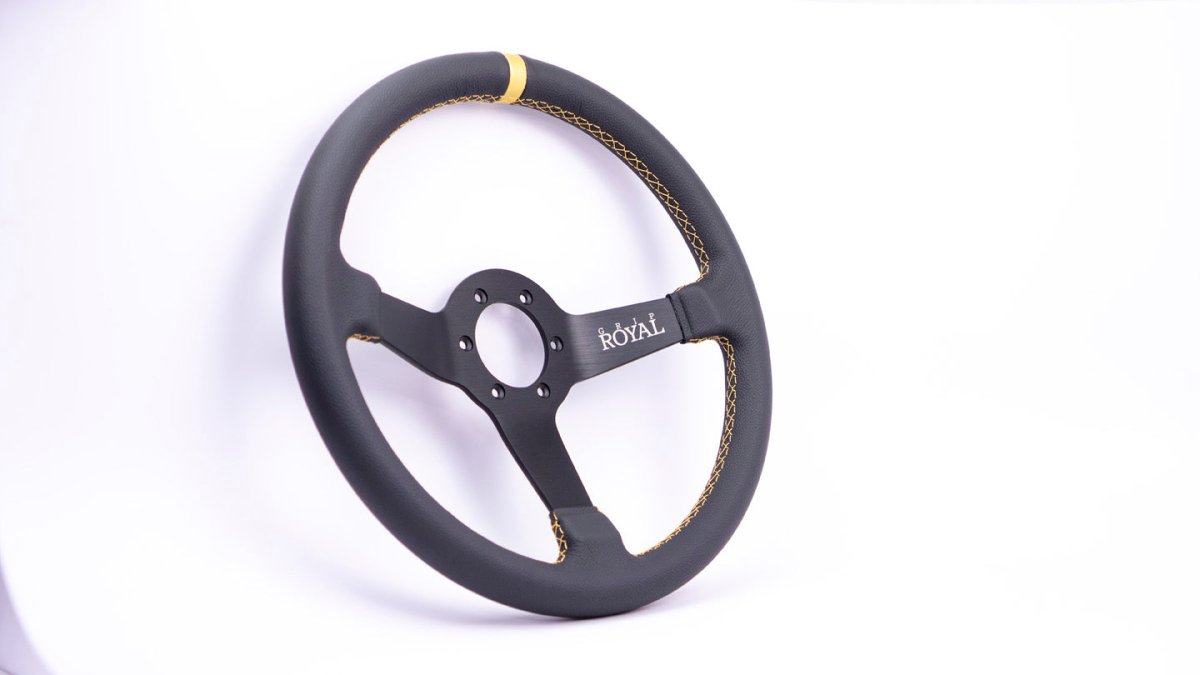 Grip Royal Brute 350mm Deep Dish Steering Wheel w/ Black Leather Grip, Gold Stitching, and Gold TDC Stripe - GRSW - BRT - L - BKGD - TDCGD - Subimods.com