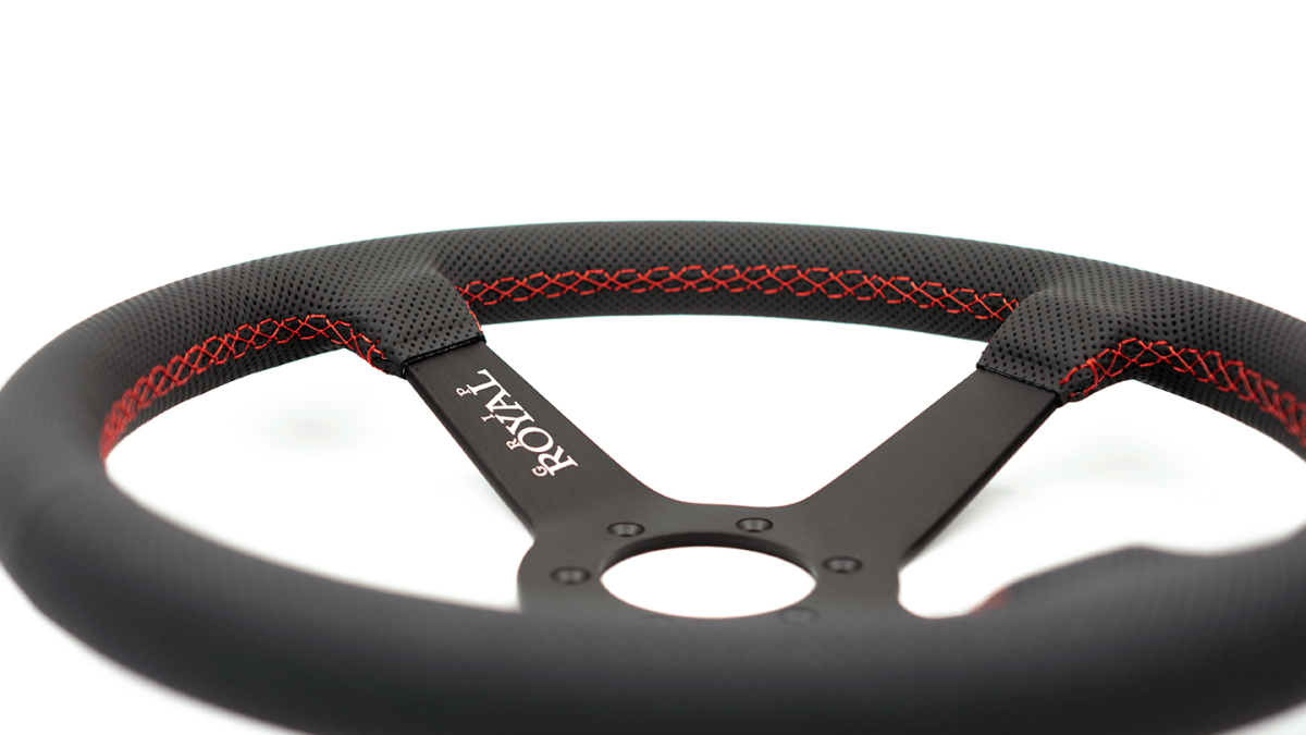 Grip Royal Brute 350mm Deep Dish Steering Wheel w/ Black Perforated Leather Grip and Red Stitching - GRSW - BRT - P - BKRD - Subimods.com