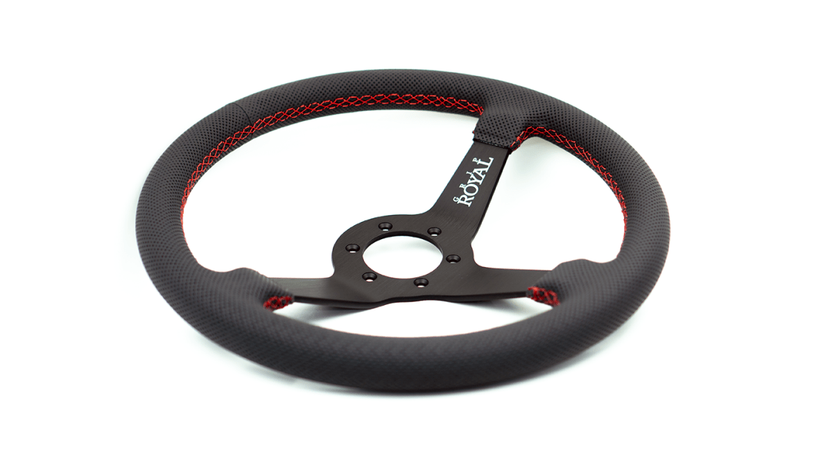 Grip Royal Brute 350mm Deep Dish Steering Wheel w/ Black Perforated Leather Grip and Red Stitching - GRSW - BRT - P - BKRD - Subimods.com