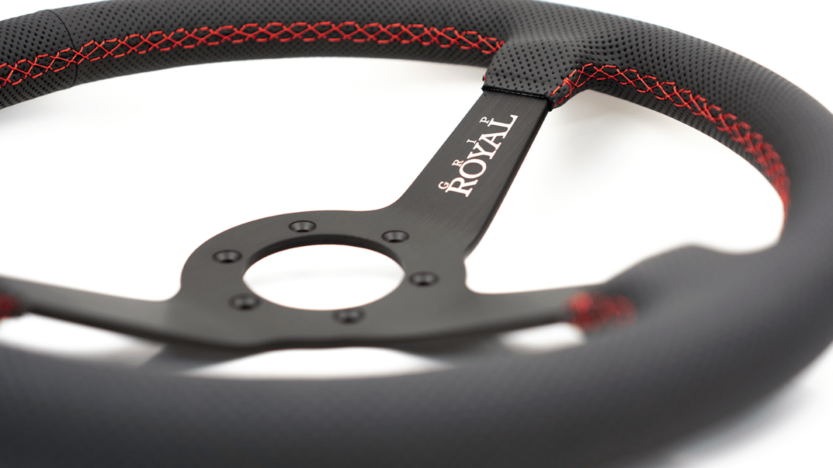 Grip Royal Brute 350mm Deep Dish Steering Wheel w/ Black Perforated Leather Grip and Red Stitching - GRSW - BRT - P - BKRD - Subimods.com